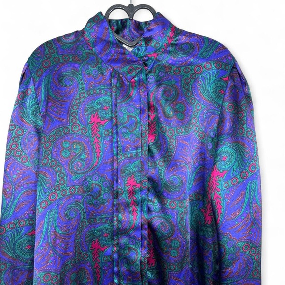 Purple and blue shiny paisley vintage blouse - Picture 4 of 7